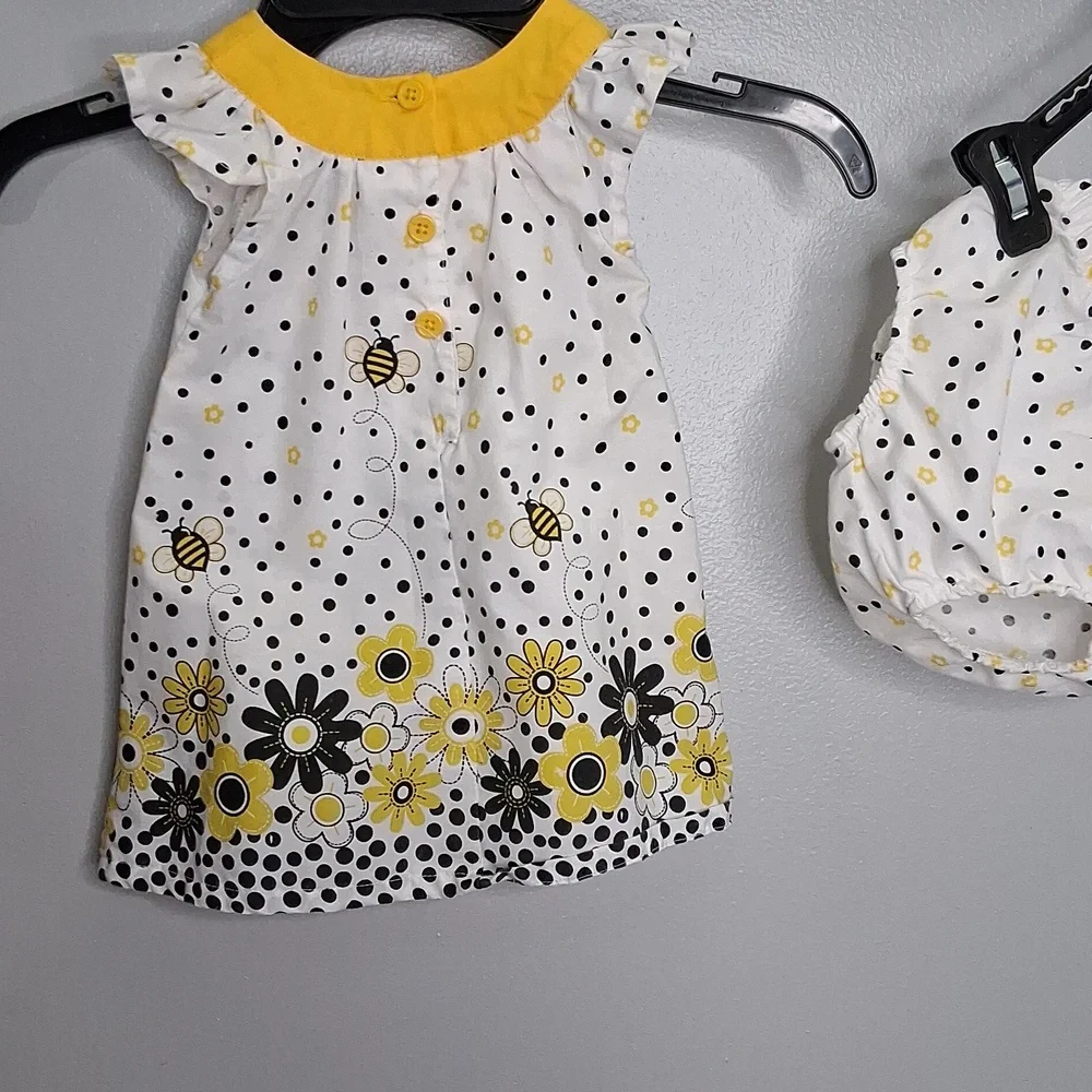 Vintage Baby Daisy Tunic Ruffle Capri Outfit Set Polka Dots Bees 3/6 Months
